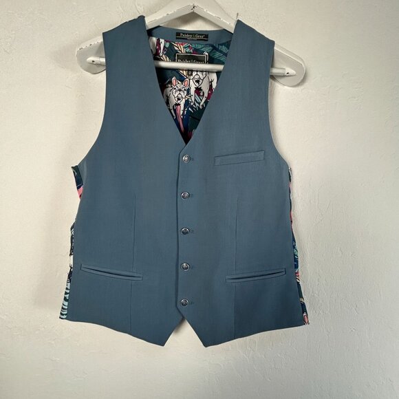 Paisley & Gray Mens Slim Fit Blue Vest w/ French Bulldog Print Back Medium NWOT - Picture 1 of 8